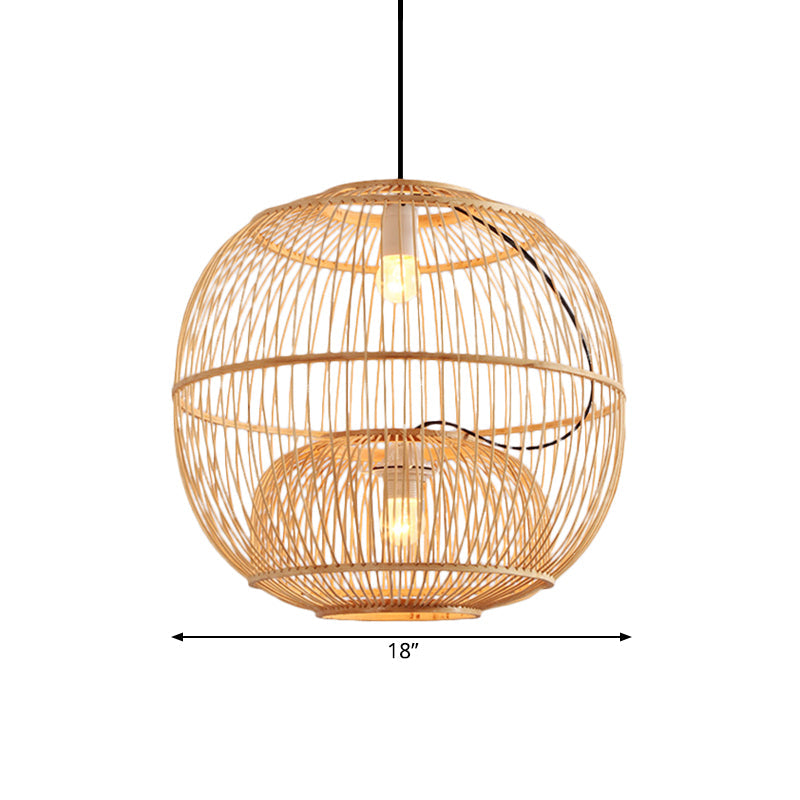 Contemporary Bamboo Pendant Lights - 2-Light Beige Hanging Lamp For Restaurant (14/16 W)