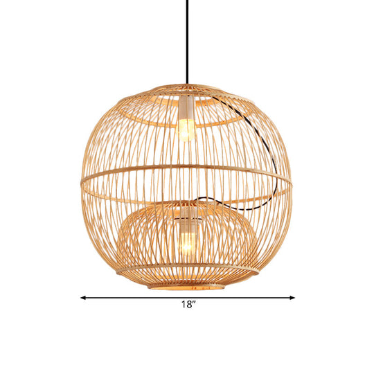 Contemporary Bamboo Pendant Lights - 2-Light Beige Hanging Lamp For Restaurant (14/16 W)