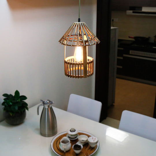 Asian Style Bamboo Hanging Lamp - Small Pavilion Shaped Pendant 1-Light Suspension For Dining Room