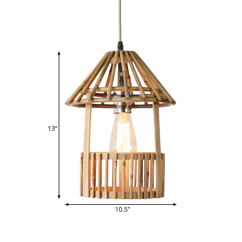 Asian Style Bamboo Hanging Lamp - Small Pavilion Shaped Pendant 1-Light Suspension For Dining Room