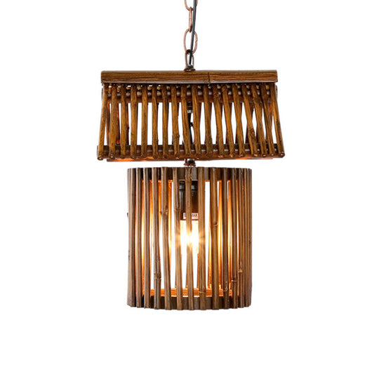 Rustic Bamboo House Shape Pendant Light - 1-Light Brown Hanging Ceiling For Living Room