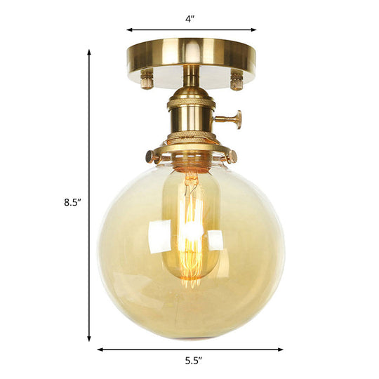 Farmhouse Brass Ceiling Light with Clear/Amber Glass Globe - Semi Flush Mount for Dining Room