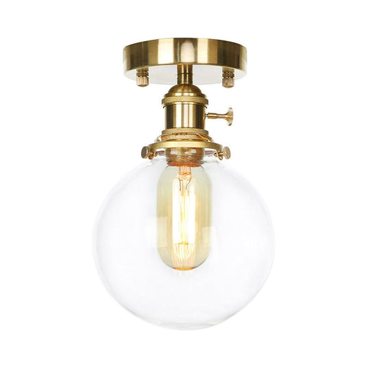 Farmhouse Brass Ceiling Light with Clear/Amber Glass Globe - Semi Flush Mount for Dining Room