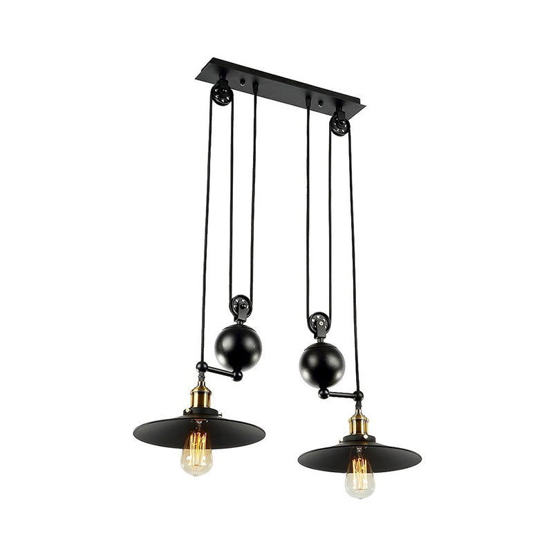 Industrial Flared Shade Pendant Lighting with Pulley - 2 Lights, Black