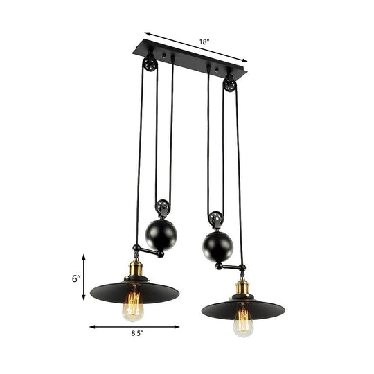 Industrial Flared Shade Pendant Lighting with Pulley - 2 Lights, Black