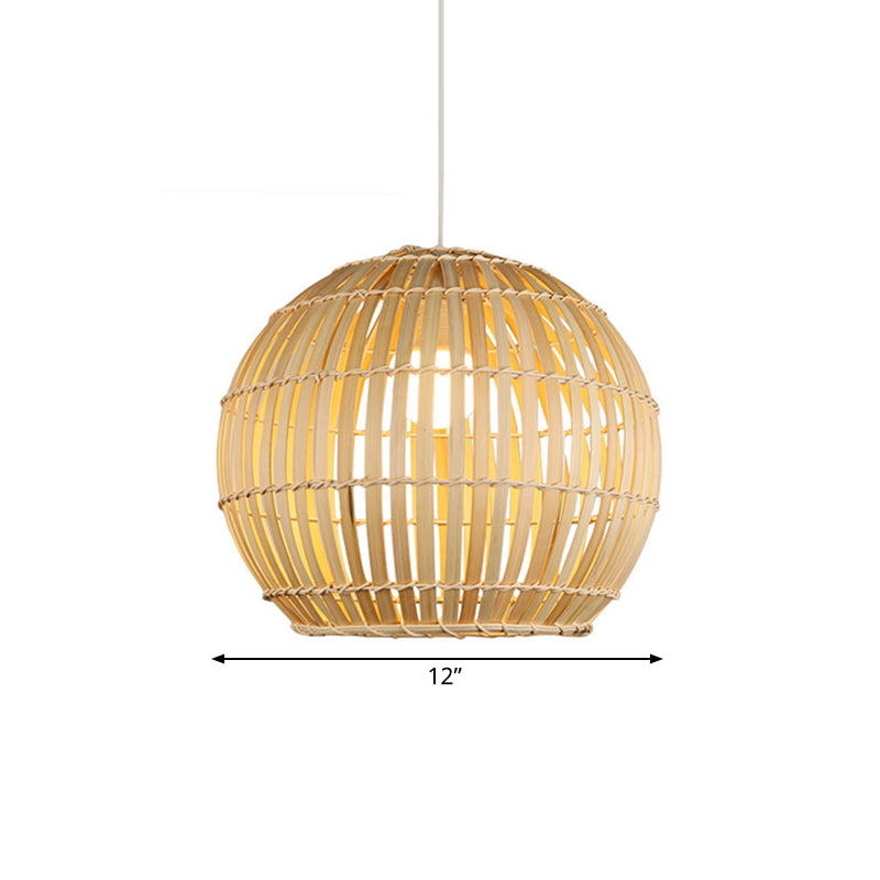 Bamboo Hand-Knitted Pendant Light With Globe Shade - Modern 12/16 Wide 1 Suspension Lamp In Beige