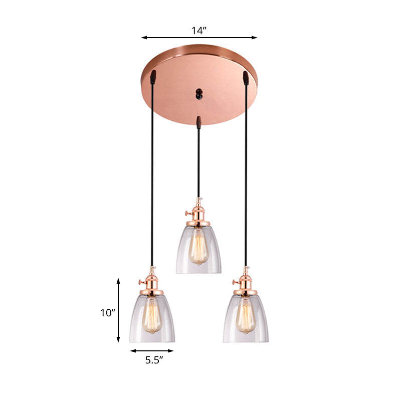 Modern Rose Gold Cone Pendant Light with Clear Glass Shades - 3-Light Dining Room Hanging Lamp