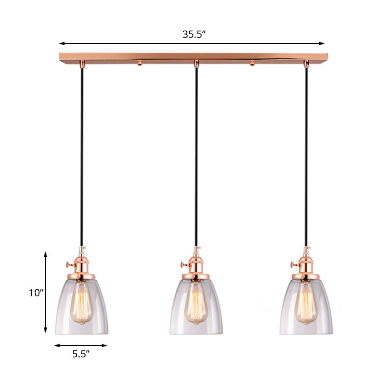 Modern Rose Gold Cone Pendant Light with Clear Glass Shades - 3-Light Dining Room Hanging Lamp