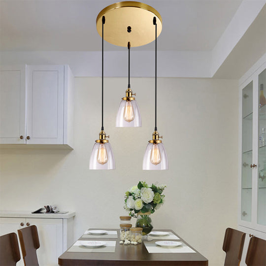 Industrial Clear Glass Dining Room Pendant Light Fixture - Aged Brass 3-Light / Round