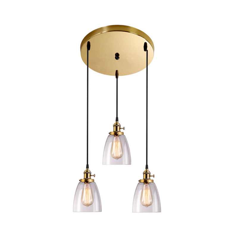 Industrial Clear Glass Dining Room Pendant Light Fixture - Aged Brass 3-Light