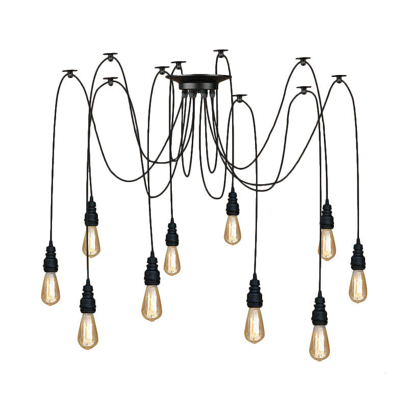 Industrial Swag Hanging Lamp with Exposed Bulb - Black Metal Pendant Light (2/3 Heads)