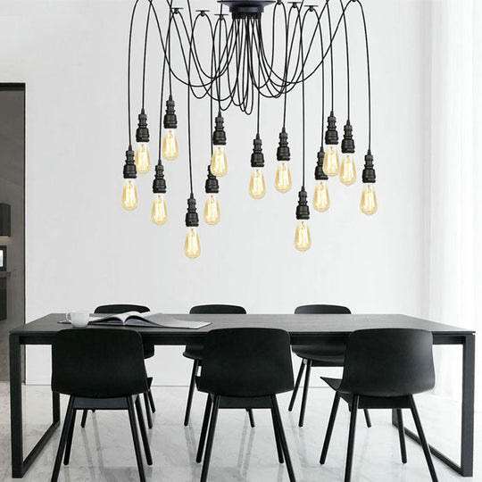 Industrial Swag Hanging Lamp with Exposed Bulb - Black Metal Pendant Light (2/3 Heads)