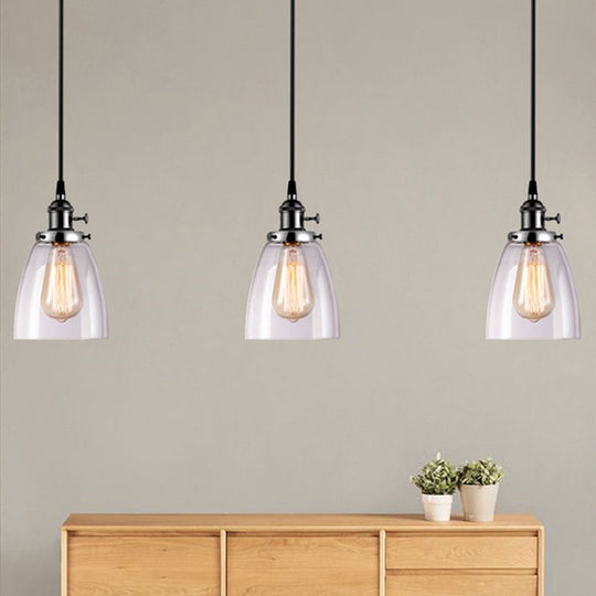 Farmhouse Style 3-Light Multi Pendant With Ribbed Clear Glass Cone Shades - Perfect For Dining Room