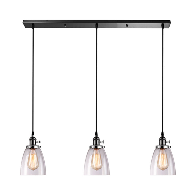 Farmhouse Multi-Pendant Light Fixture with Ribbed Clear Glass Shades for Dining Room: Linear Canopy, 3 Cone Lights