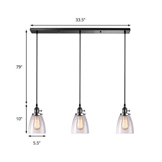 Farmhouse Multi-Pendant Light Fixture with Ribbed Clear Glass Shades for Dining Room: Linear Canopy, 3 Cone Lights