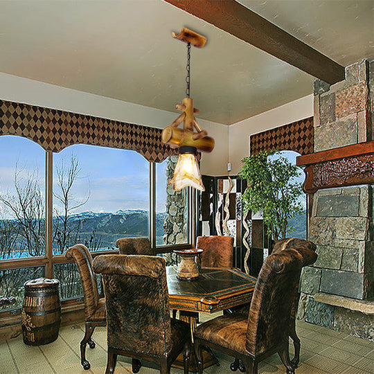 Lodge Style Bamboo Scalloped Pendant Lamp with Amber Glass Shade