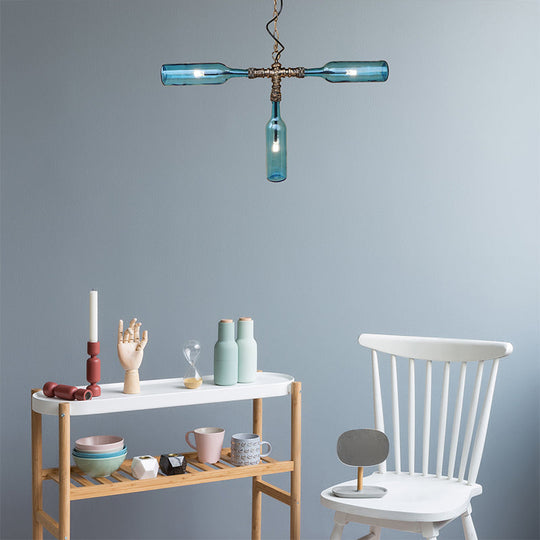 Farmhouse Style Smoke Gray/Blue Bottle Ceiling Lighting - Glass Hanging Lamp (3/4/5 Lights) in Aged Silver/Black