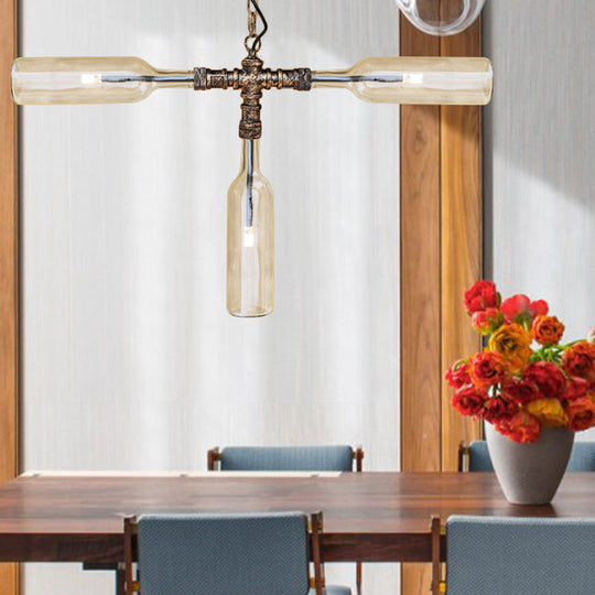 Farmhouse Style Smoke Gray/Blue Bottle Ceiling Lighting - Glass Hanging Lamp (3/4/5 Lights) in Aged Silver/Black