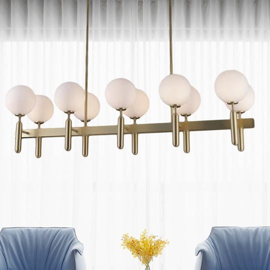 Contemporary 10-Light Pendant With Gold Linear Design And White Glass Shades Island Ceiling Light