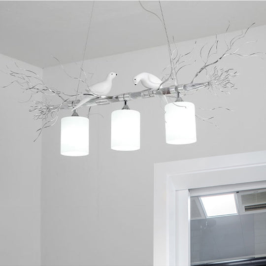 Modern 3-Head White Glass Pendant Light With Gold/Silver Branch - Cylinder Ceiling Island Fixture