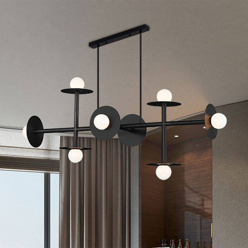 Modern 8-Head Black Ceiling Light Fixture For Kitchen: White Glass Orbit Island Pendant