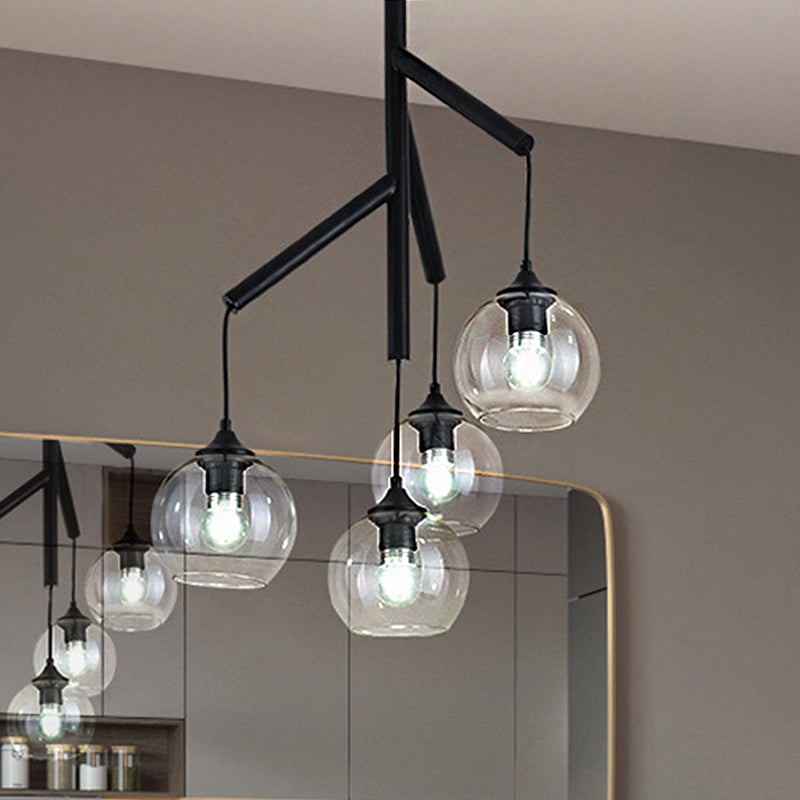 Contemporary Metal Branch Chandelier - 4-Light Black Pendant Lamp with Clear Glass Shade