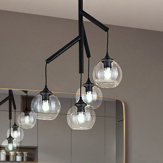 Contemporary 4-Light Metal Branch Chandelier: Black Hanging Pendant With Clear Glass Shade