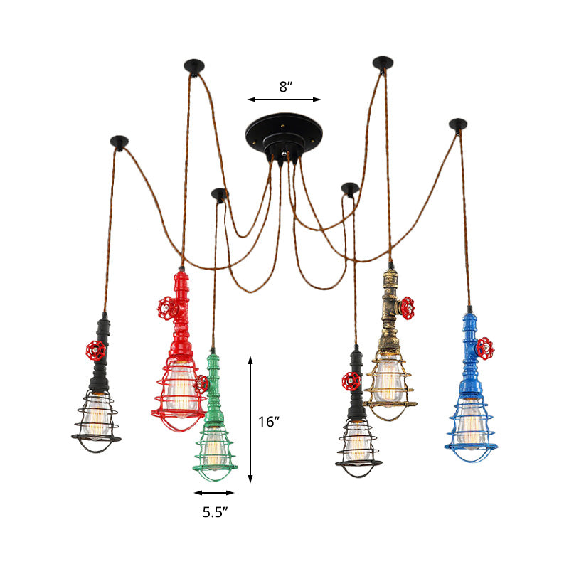 Industrial Pipe Pendant Ceiling Light 6-Light Iron Hanging Lamp, Black Shade Optional, for Living Room