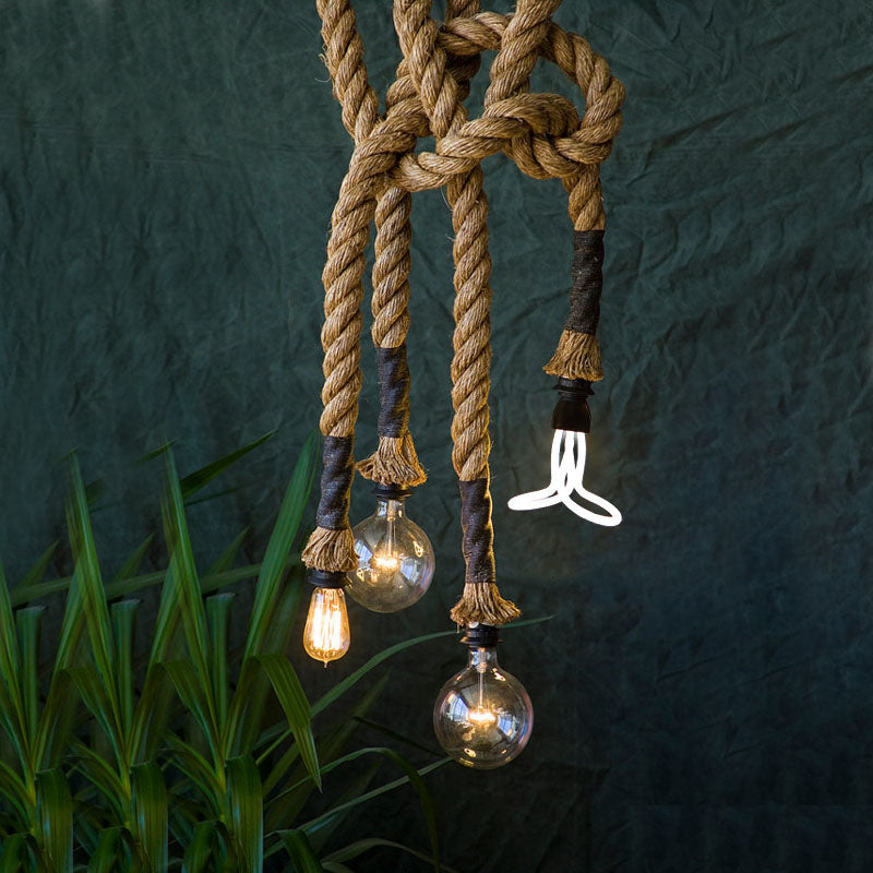 Beige Rope-Hung Pendant Lamp With Exposed Bulbs - Perfect For Restaurant Lighting