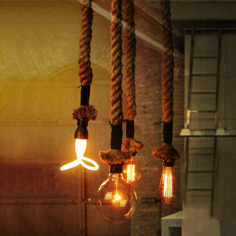 Coastal Rope Pendant Light with Exposed Bulbs - Beige (4 Lights) for Restaurant