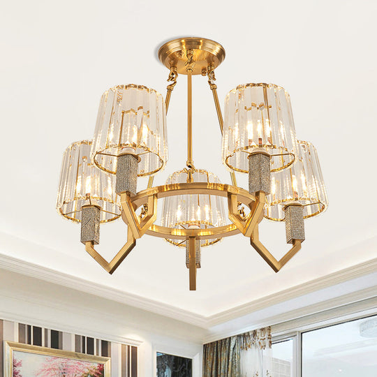 6-Light Crooked Arm Semi Flush Gold Ceiling Light with Clear Crystal Tapered Shade - Modern Design