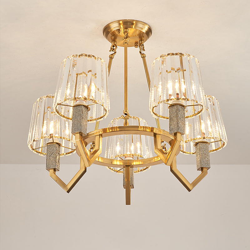 6-Light Crooked Arm Semi Flush Gold Ceiling Light with Clear Crystal Tapered Shade - Modern Design