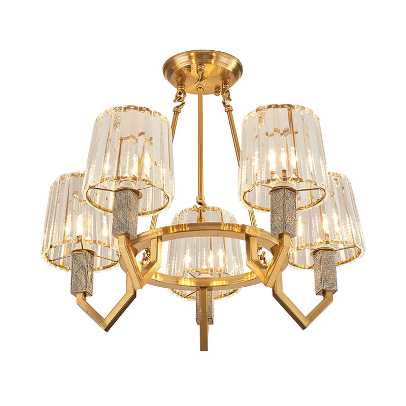 6-Light Crooked Arm Semi Flush Gold Ceiling Light with Clear Crystal Tapered Shade - Modern Design