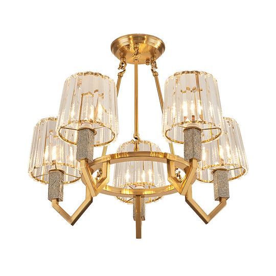 6-Light Crooked Arm Semi Flush Gold Ceiling Light with Clear Crystal Tapered Shade - Modern Design