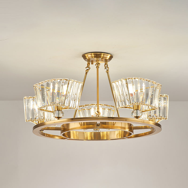 Contemporary Gold Semi Flush Ceiling Fixture with Clear Glass Shade - 5 Bulbs, Ring Design