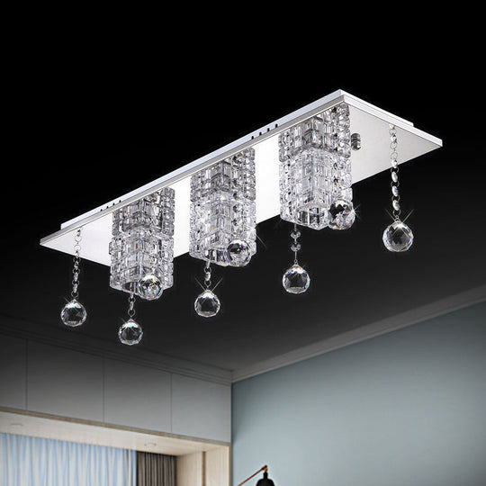 Modern Cube Nickel Flushmount Ceiling Lamp with Clear Crystal Shade & White/Warm Light Orbs