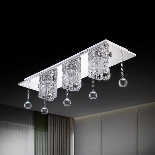 Modern Cube Nickel Flushmount Ceiling Lamp with Clear Crystal Shade & White/Warm Light Orbs