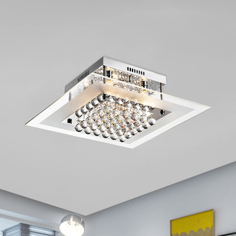 Modern Chrome Ceiling Light Fixture | 5-Head Semi Mount | Clear Crystal Orbs | Square Design