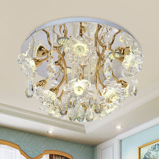 Gold LED Flush Mount Lamp with Traditional Clear Crystal Floral Shade and Droplet Accents