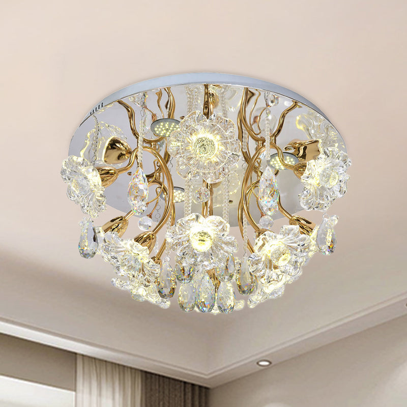 Gold LED Flush Mount Lamp with Traditional Clear Crystal Floral Shade and Droplet Accents