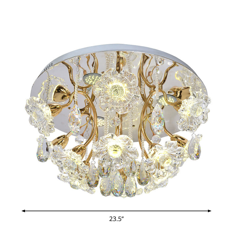 Gold LED Flush Mount Lamp with Traditional Clear Crystal Floral Shade and Droplet Accents