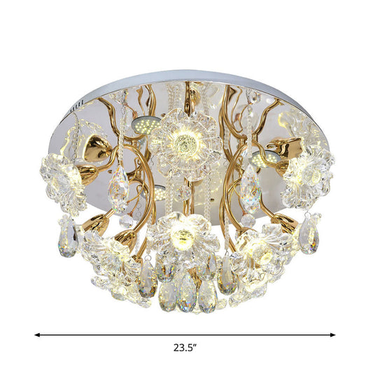 Gold LED Flush Mount Lamp with Traditional Clear Crystal Floral Shade and Droplet Accents