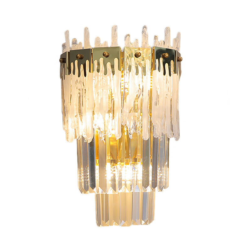 Contemporary Crystal Prisms Wall Sconce - Gold Finish 3 Bulbs Bedroom Flush Mount Light