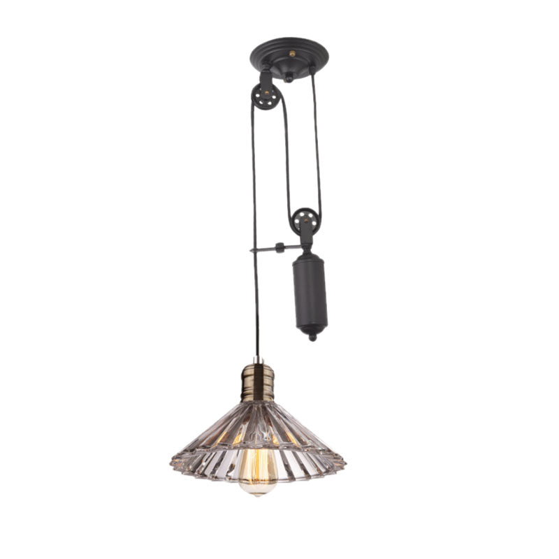 Farmhouse Pendant Light: Cone-Shaped Ribbed Glass Fixture in Bronze/Brass