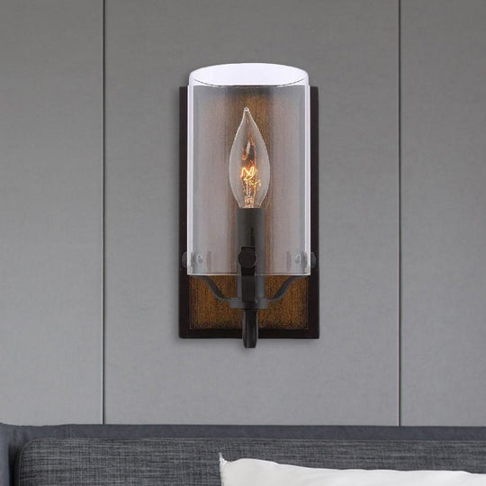 Industrial Brown Glass Wall Mounted Light Fixture With Wooden Backplate