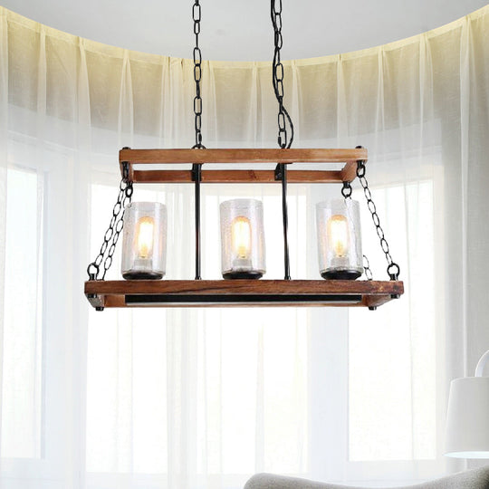 Rustic Brown Seeded Glass Island Light With 3-Bulb Cylinder Design And Wooden Trapezoid Guard For