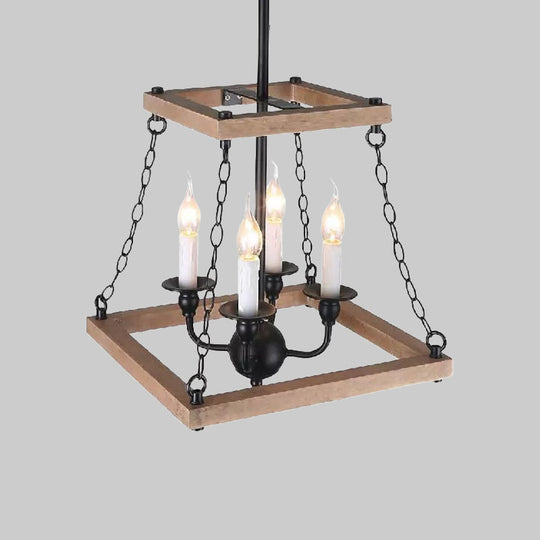 Trapezoid Chandelier Lamp - Brown Farmhouse Style With Flameless Candle Metal & Wood 4-Light Kitchen