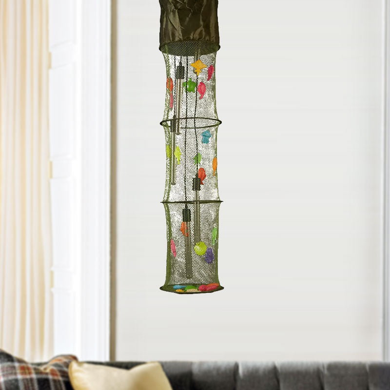 Cylindrical Finishing Net Pendant Light With Fish Deco: Creative Green Hanging