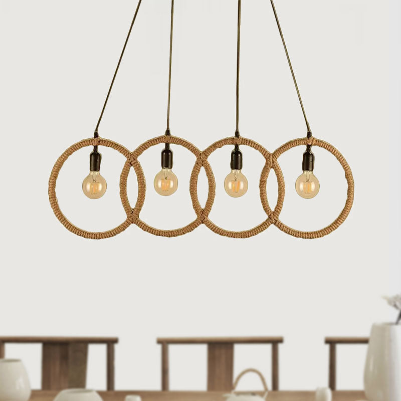 Black Finish Lodge Style Four-Ring Pendant Light with Manila Rope - 4 Lights for Coffee Shop