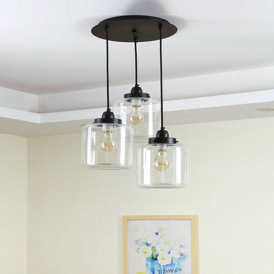 3-Light Traditional Clear Glass Pendant Lighting with Black Finish & Round Canopy